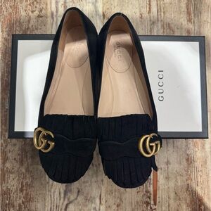 Gucci Black Suede GG Marmont Fringe Loafers size 36